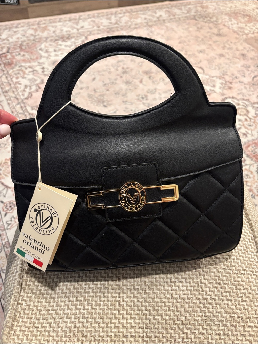 Valentino Orlandi Black Quilted Satchel with Gold Logo Accent